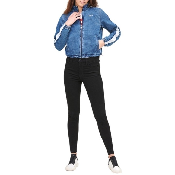 New! Levi’s Coaches Tracker Cropped Bomber Denim Jean Biker Moto Jean Jacket - Picture 6 of 16